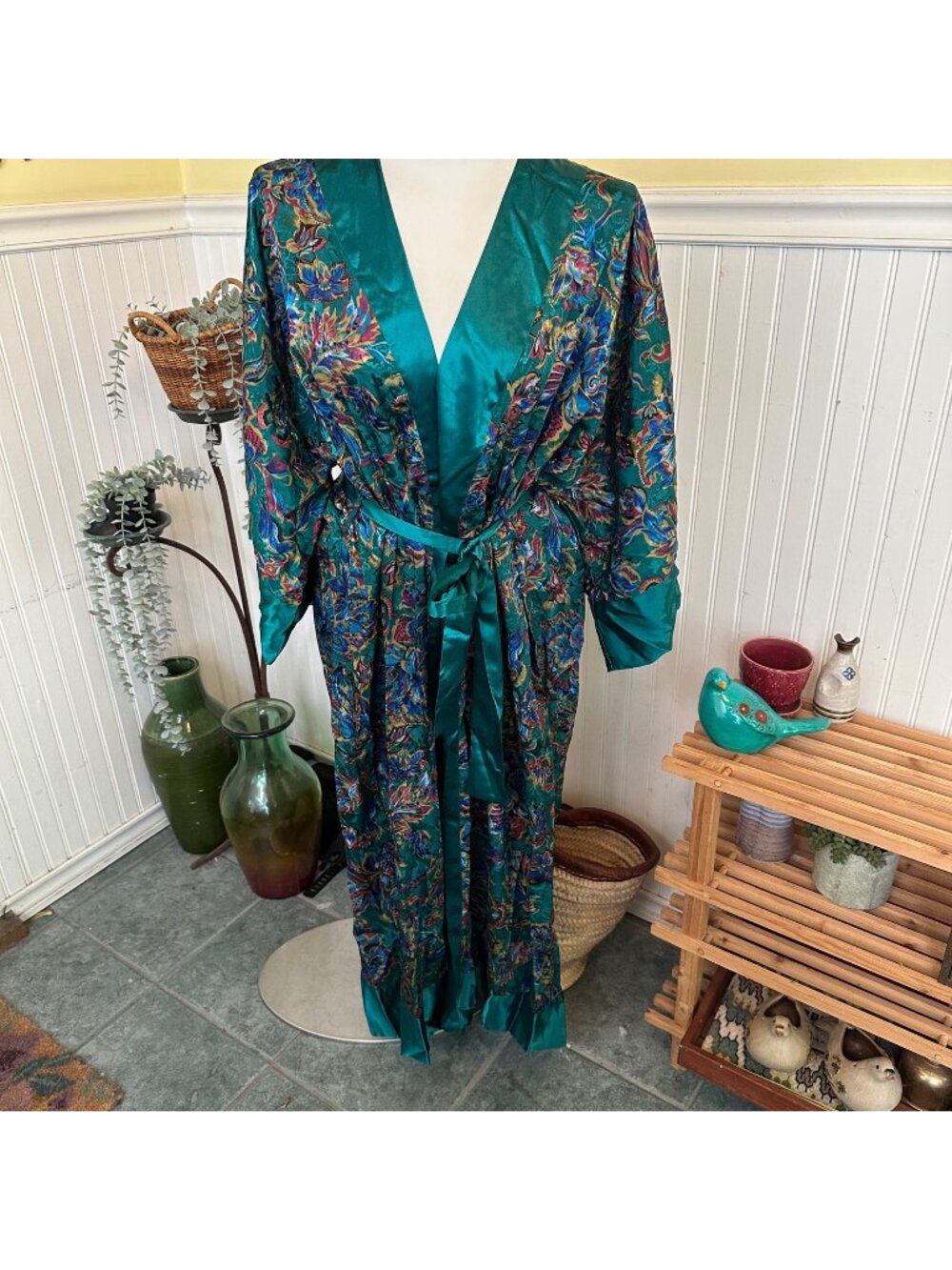 Vintage 90s Victorias Secret Teal & Multicolor Floral Satin Kimono Robe With Bel